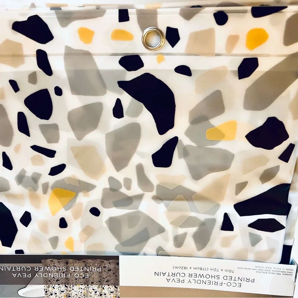 Gray Black Tan Mustard Yellow Mosaic Tiles Peva Shower Curtain Metal Grommets